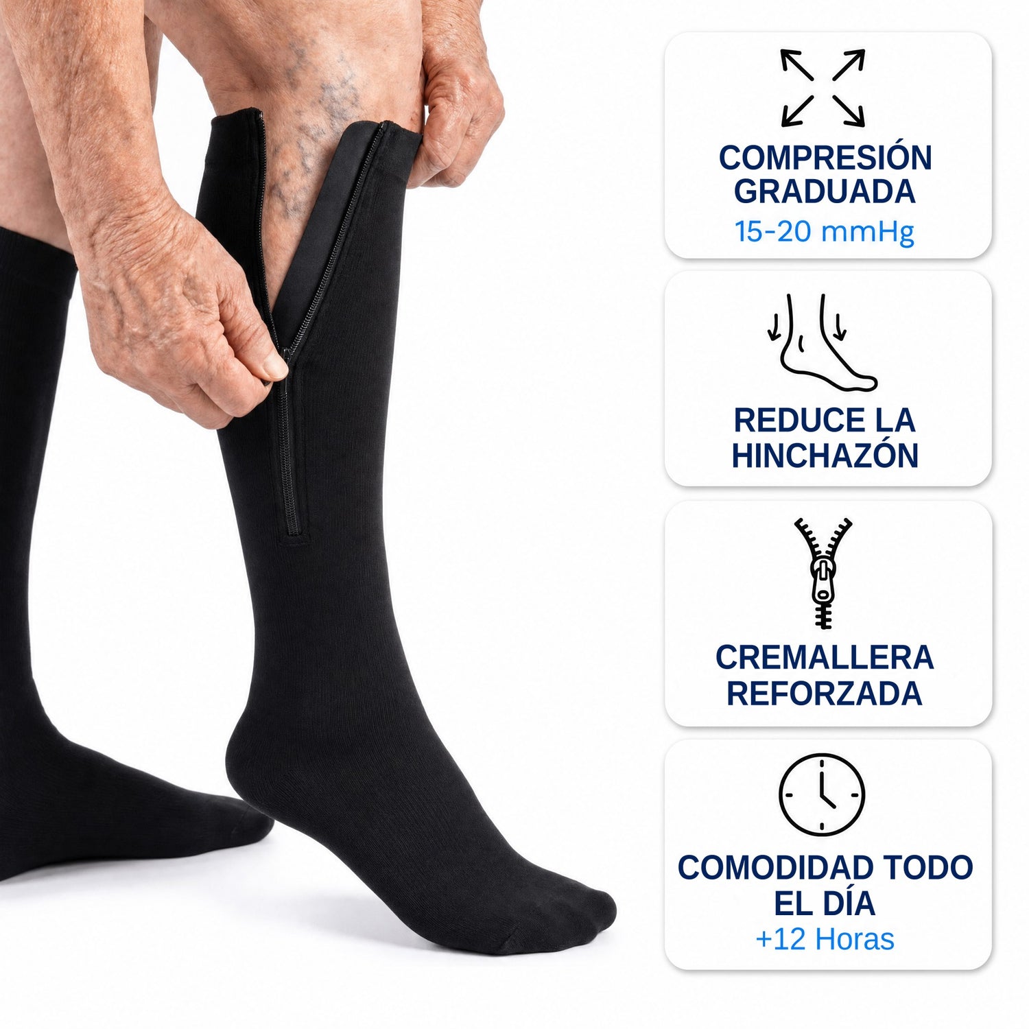 Beneficios: compresión graduada 15-20 mmHg, reduce la hinchazón, cremallera reforzada, comodidad todo el día