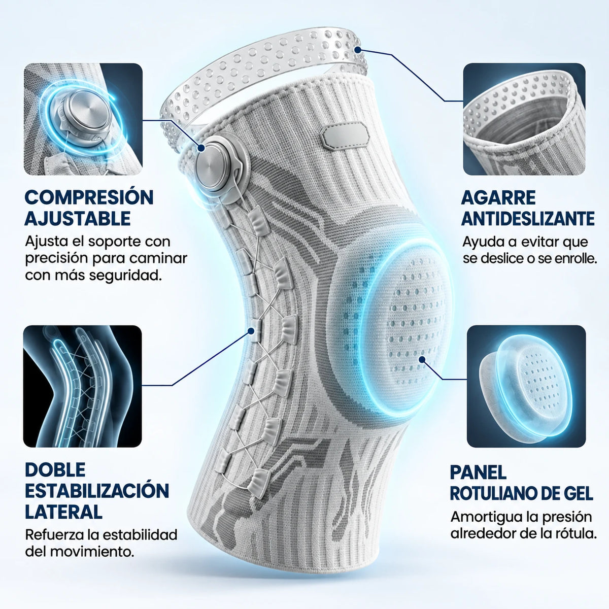Rodillera Covexia: compresión ajustable, agarre antideslizante, doble estabilización lateral y panel rotuliano de gel